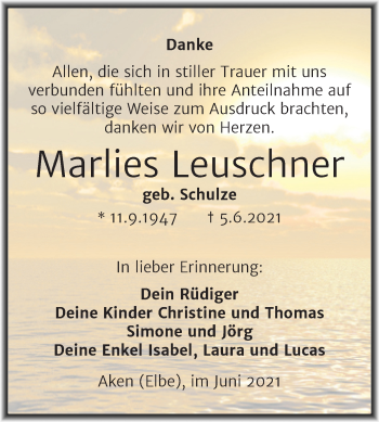 Traueranzeige von Marlies Leuschner von Trauerkombi Köthen