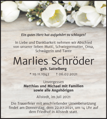 Traueranzeige von Marlies Schröder von Trauerkombi Sangerhausen