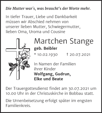 Traueranzeige von Martchen Stange von Trauerkombi Bitterfeld