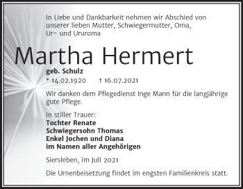Traueranzeige von Martha Hermert von Trauerkombi Mansfelder Land