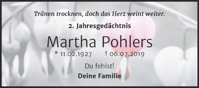  Traueranzeige für Martha Pohlers vom 06.07.2021 aus Mitteldeutsche Zeitung Halle/Saalkreis