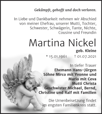 Traueranzeige von Martina Nickel von Trauerkombi Bernburg