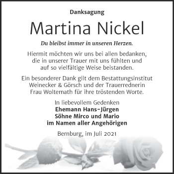 Traueranzeige von Martina Nickel von Trauerkombi Bernburg
