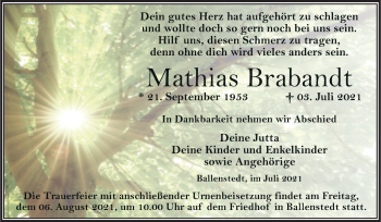 Traueranzeige von Mathias Brabandt von Trauerkombi Quedlinburg