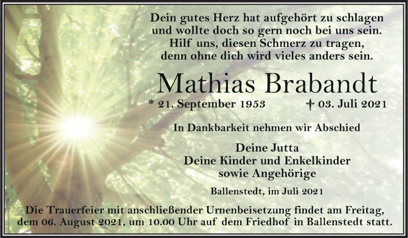  Traueranzeige für Mathias Brabandt vom 17.07.2021 aus Trauerkombi Quedlinburg