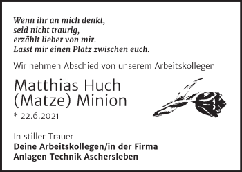 Traueranzeige von Matthias Huch von Super Sonntag Aschersleben