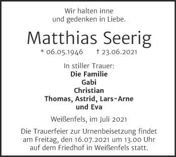 Traueranzeige von Matthias Seerig von Trauerkombi Weißenfels