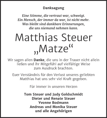 Traueranzeige von Matthias Steuer von Trauerkombi Sangerhausen