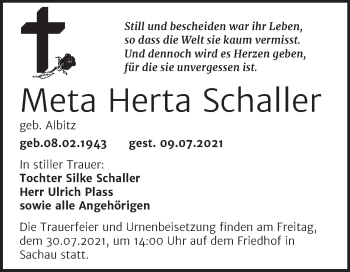 Traueranzeige von Meta Herta Schaller von Trauerkombi Wittenberg