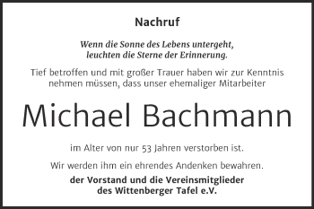 Traueranzeige von Michael Bachmann von Super Sonntag Wittenberg