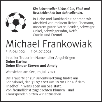 Traueranzeige von Michael Frankowiak von Trauerkombi Mansfelder Land