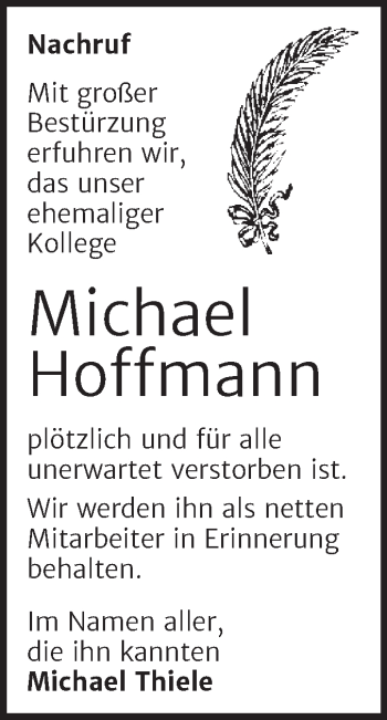 Traueranzeige von Michael Hoffmann von Super Sonntag Köthen