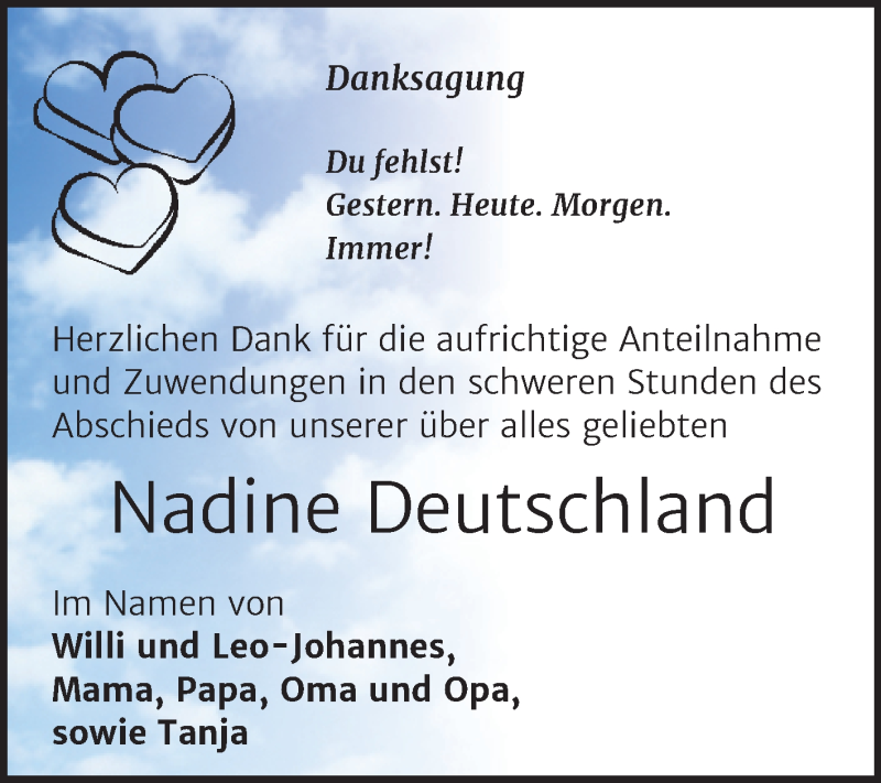  Traueranzeige für Nadine Deutschland vom 14.07.2021 aus Wochenspiegel Naumburg/Nebra