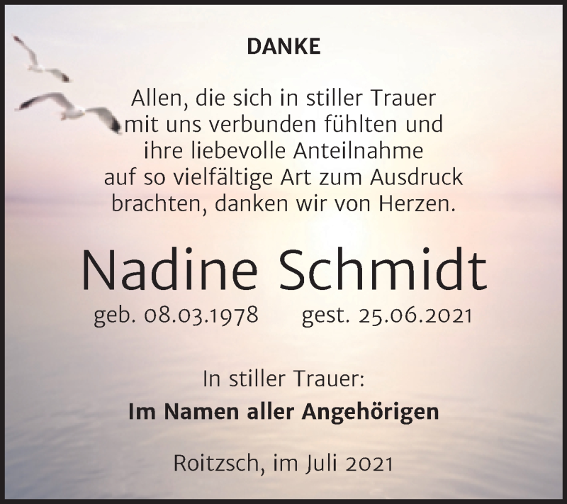  Traueranzeige für Nadine Schmidt vom 28.07.2021 aus Trauerkombi Bitterfeld