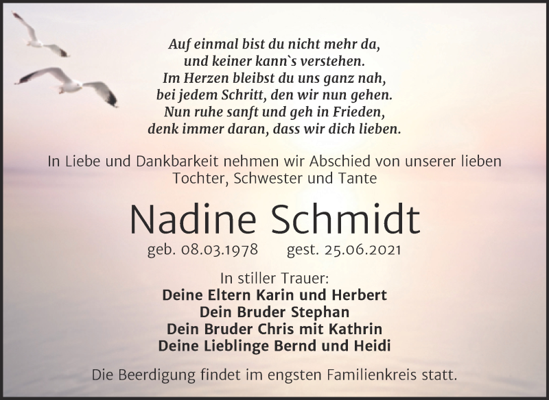  Traueranzeige für Nadine Schmidt vom 07.07.2021 aus Trauerkombi Bitterfeld
