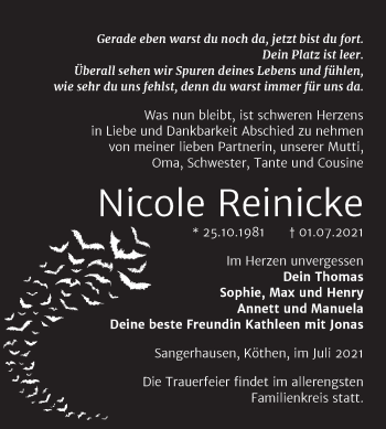 Traueranzeige von Nicole Reinicke von Trauerkombi Sangerhausen