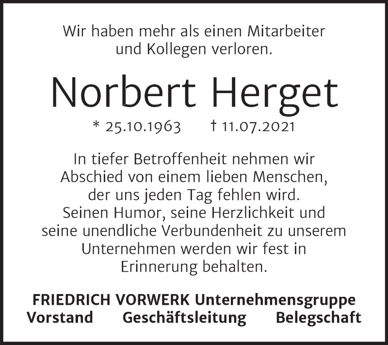  Traueranzeige für Norbert Herget vom 17.07.2021 aus Mitteldeutsche Zeitung Gesamt Sachsen-Anhalt Süd