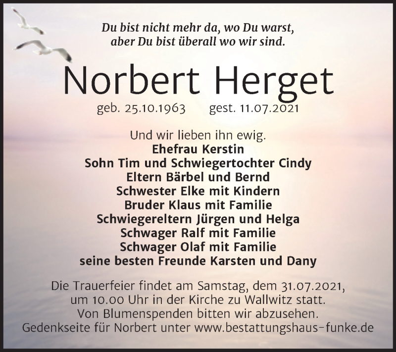  Traueranzeige für Norbert Herget vom 17.07.2021 aus Mitteldeutsche Zeitung Halle/Saalkreis