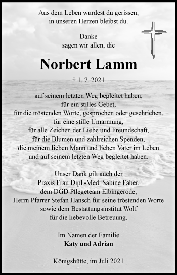 Traueranzeige von Norbert Lamm von Mitteldeutsche Zeitung Quedlingburg