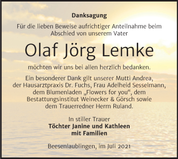 Traueranzeige von Olaf Jörg Lemke von Trauerkombi Bernburg