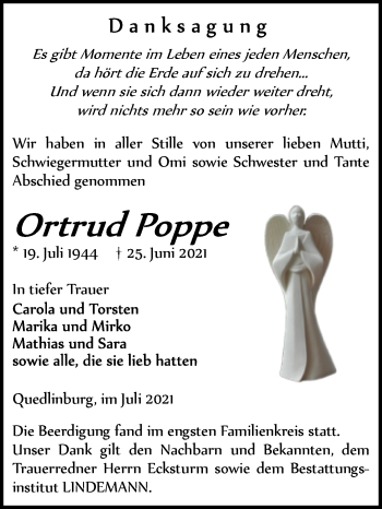 Traueranzeige von Ortrud Poppe von Trauerkombi Quedlinburg