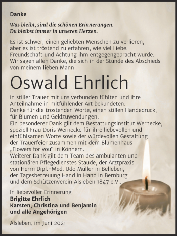 Traueranzeige von Oswald Ehrlich von Trauerkombi Bernburg