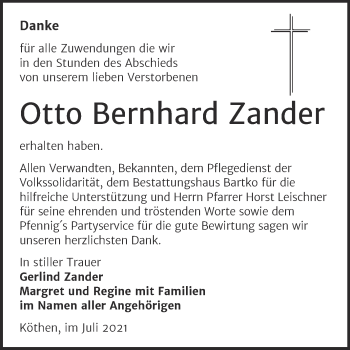 Traueranzeige von Otto Bernhard Zander von Trauerkombi Köthen