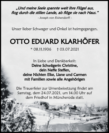 Traueranzeige von Otto Eduard Klarhöfer von Wochenspiegel Naumburg/Nebra