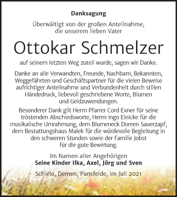 Traueranzeige von Ottokar Schmelzer von Trauerkombi Mansfelder Land