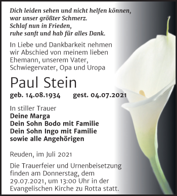 Traueranzeige von Paul Stein von Trauerkombi Wittenberg