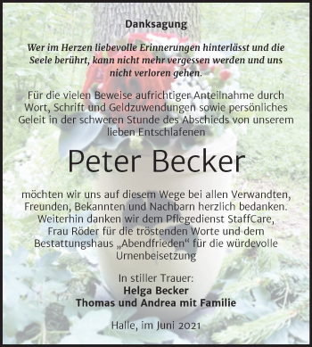 Traueranzeige von Peter Becker von Mitteldeutsche Zeitung Halle/Saalkreis