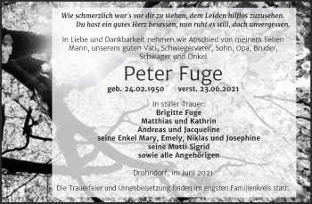 Traueranzeige von Peter Fuge von Trauerkombi Aschersleben