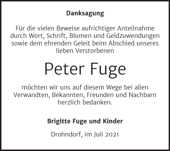 Traueranzeige von Peter Fuge von Trauerkombi Aschersleben