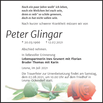 Traueranzeige von Peter Glingar von Trauerkombi Merseburg