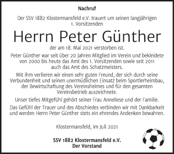 Traueranzeige von Peter Günther von Trauerkombi Mansfelder Land