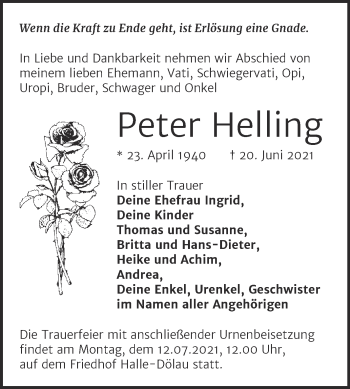 Traueranzeige von Peter Helling von Mitteldeutsche Zeitung Halle/Saalkreis