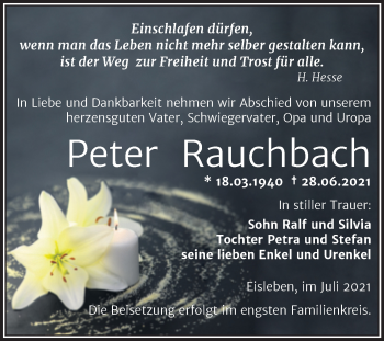 Traueranzeige von Peter Rauchbach von Trauerkombi Mansfelder Land