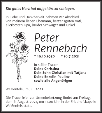 Traueranzeige von Peter Rennebach von Trauerkombi Weißenfels