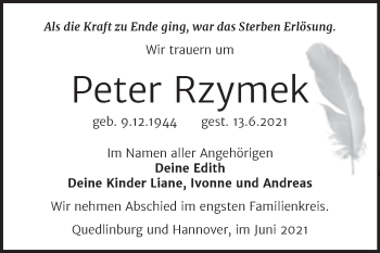 Traueranzeige von Peter Rzymek von Trauerkombi Quedlinburg