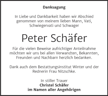 Traueranzeige von Peter Schäfer von Trauerkombi Bitterfeld