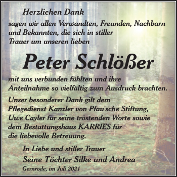 Traueranzeige von Peter Schlößer von Trauerkombi Quedlinburg