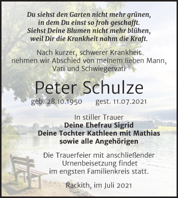 Traueranzeige von Peter Schulze von Trauerkombi Wittenberg