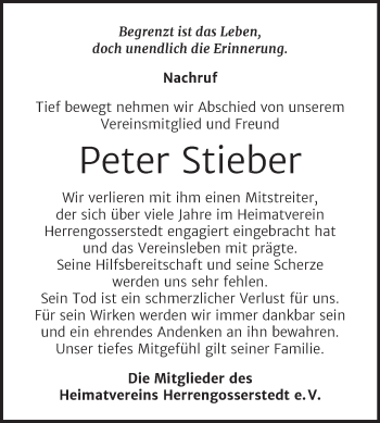 Traueranzeige von Peter Stieber von Wochenspiegel Naumburg/Nebra