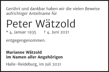 Traueranzeige von Peter Wätzold von Mitteldeutsche Zeitung Halle/Saalkreis