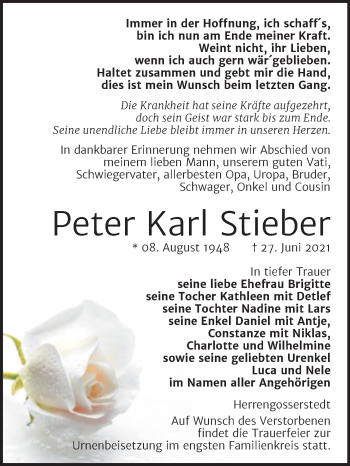 Traueranzeige von Peter Karl Stieber von Wochenspiegel Naumburg/Nebra