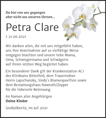 Traueranzeige von Petra Clare von Trauerkombi Bitterfeld