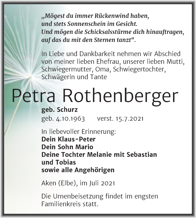  Traueranzeige für Petra Rothenberger vom 17.07.2021 aus Trauerkombi Köthen