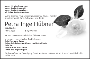 Traueranzeige von Petra Inge Hübner von Mitteldeutsche Zeitung Mansfelder Land
