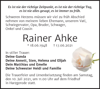 Traueranzeige von Rainer Ahke von Super Sonntag Quedlingburg