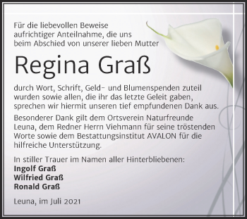 Traueranzeige von Regina Graß von Trauerkombi Merseburg